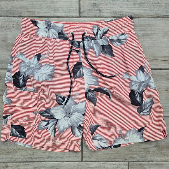 Tommy Bahama Swim Trunks Men's Red Stripe Hawaiian Floral Mesh Lined Resort M - Picture 1 of 5